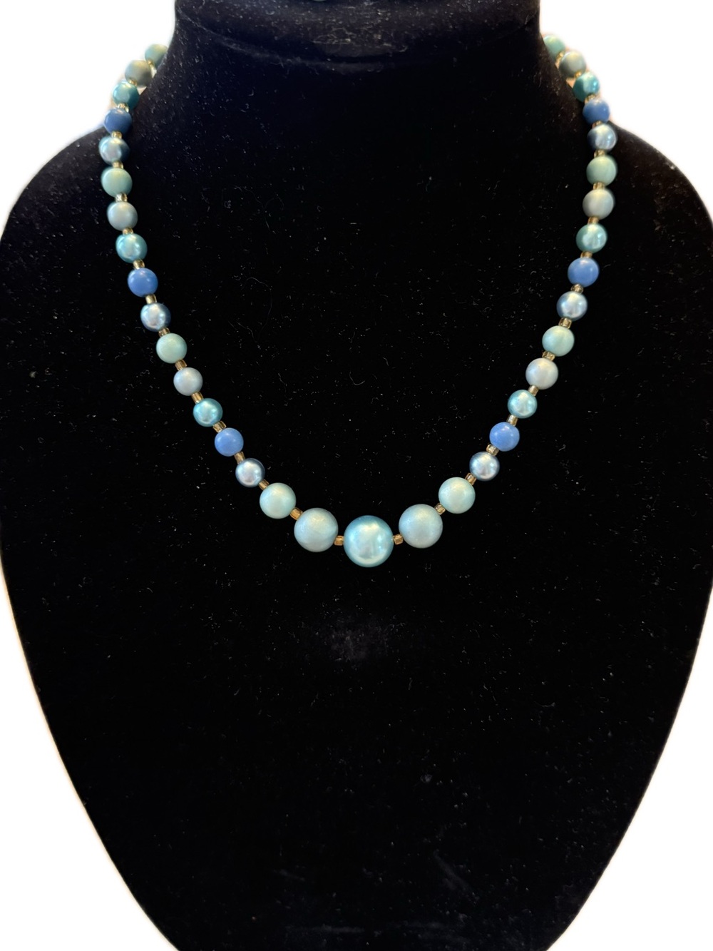 Vintage Japan Graduated Aqua & Blue Bead Necklace with FREE Matching Earrings